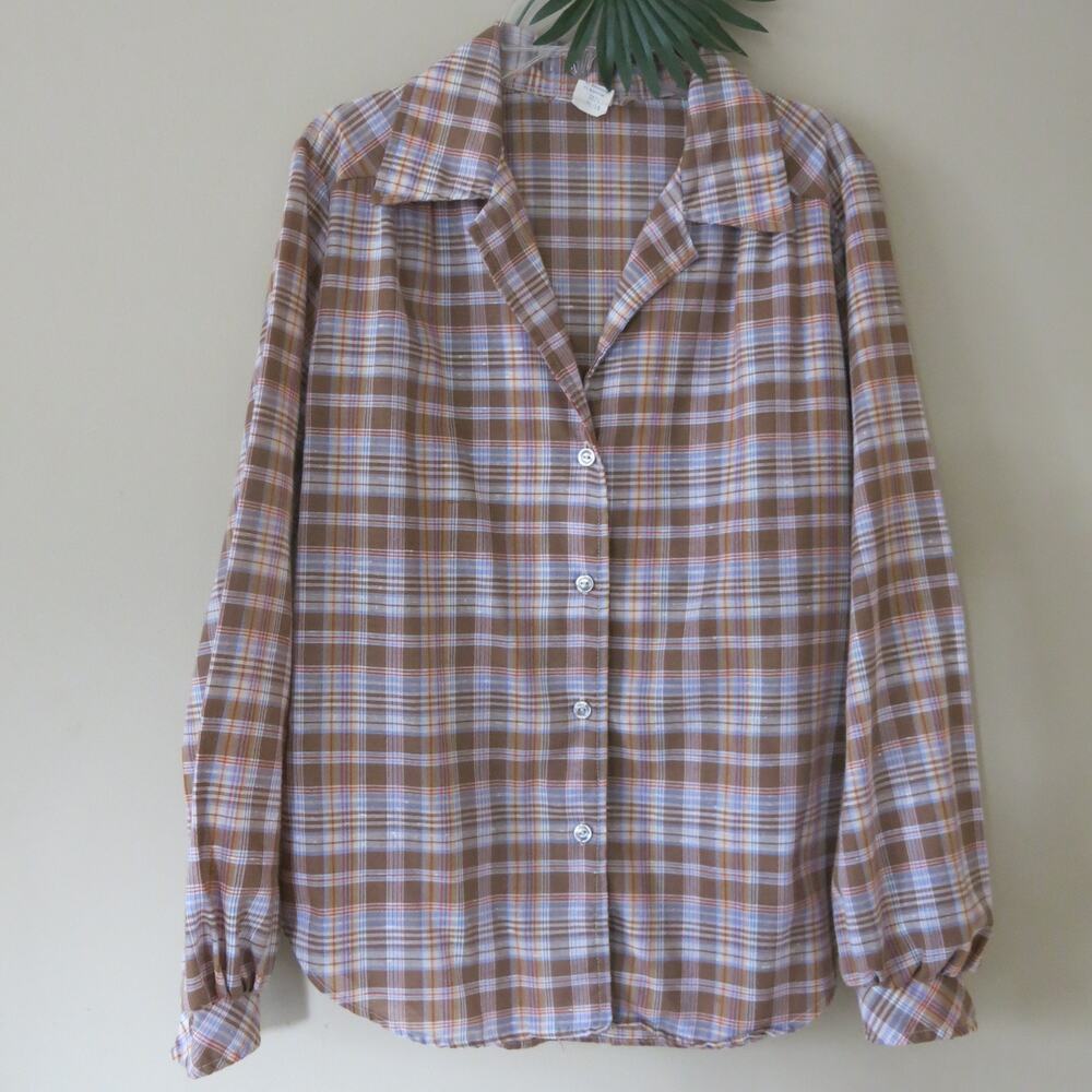 VINTAGE 1970's Button Down Shirt Size 11/12 Plaid Western Brown/Multicolor